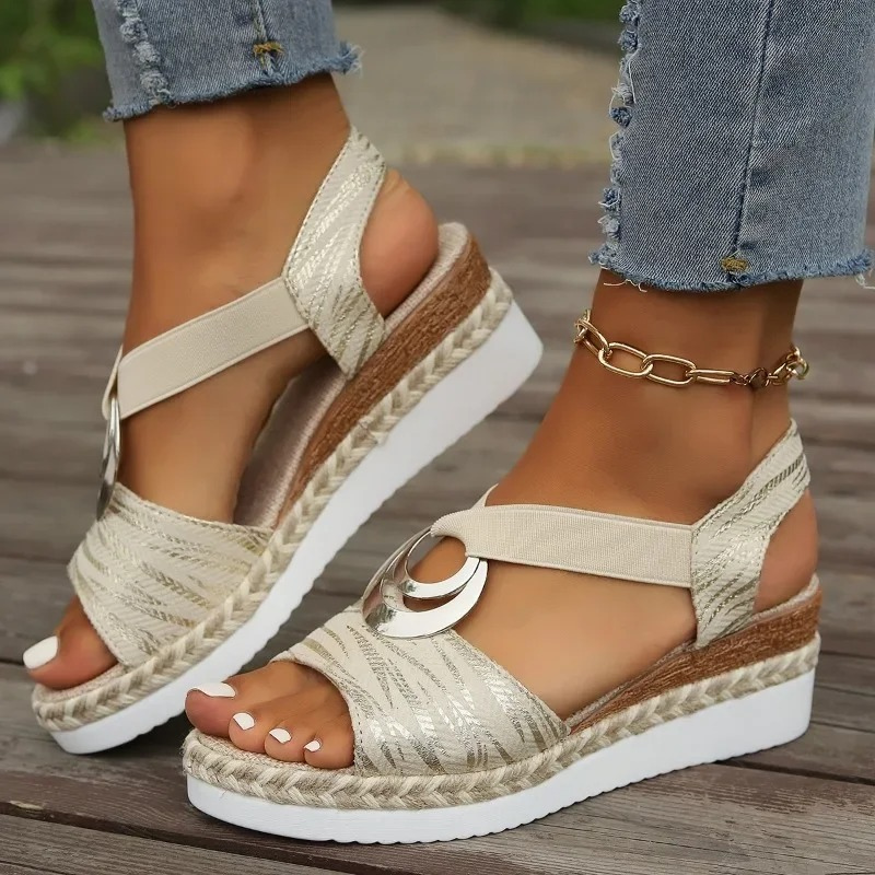 Lina | Elegant Summer Wedge Sandals with Metal Accent